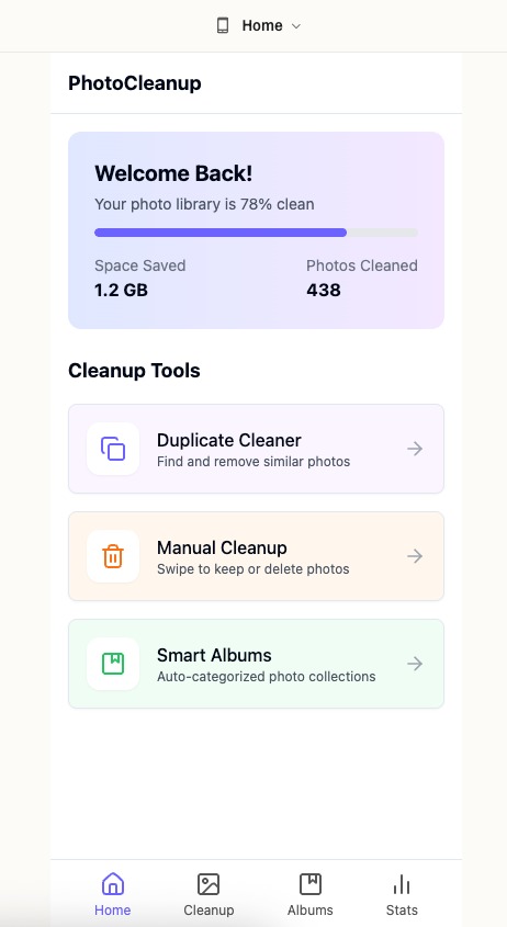 PhotoCleanup Home Screen